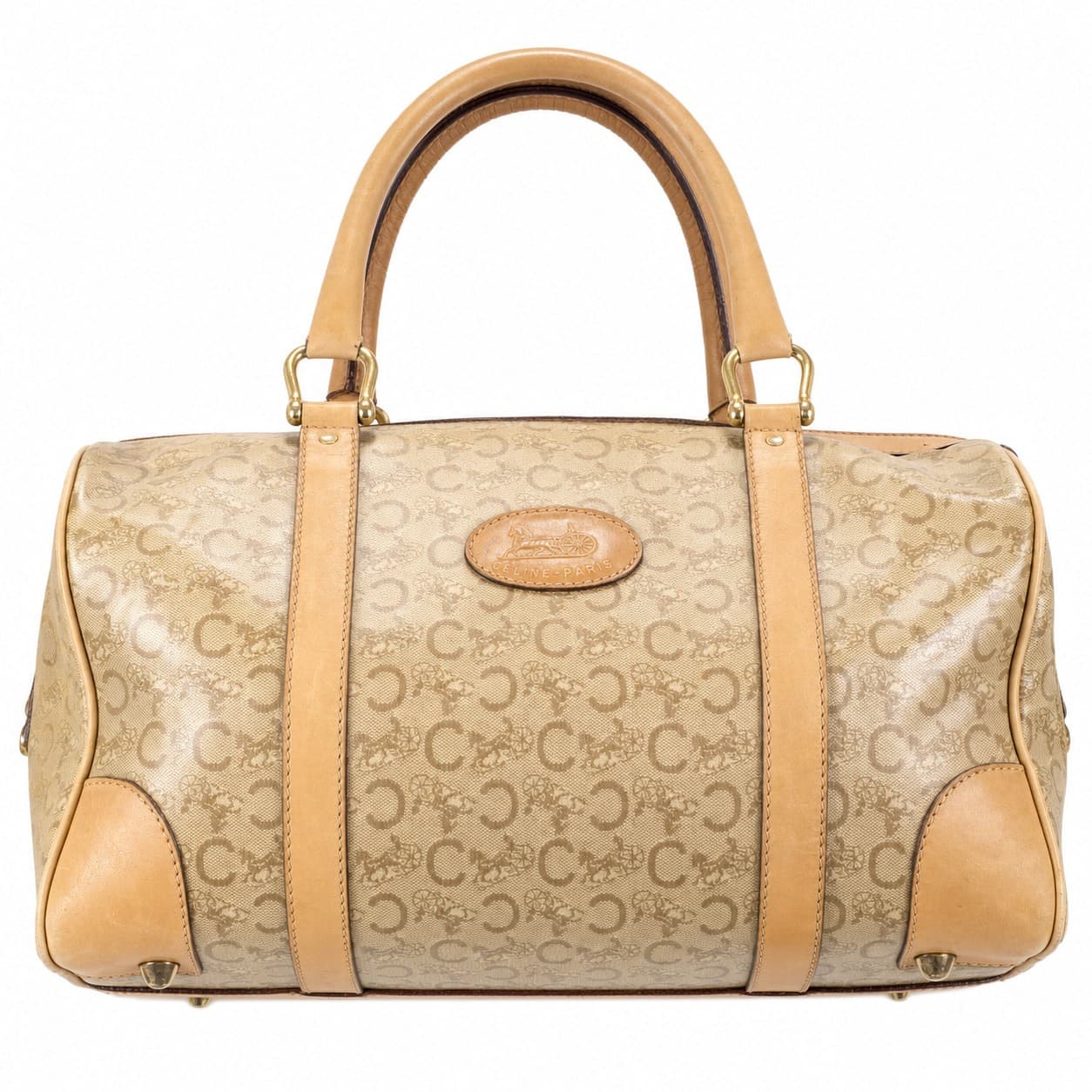 Céline Macadam Canvas Leather Boston Bag Barrel Satchel Handbag Brown