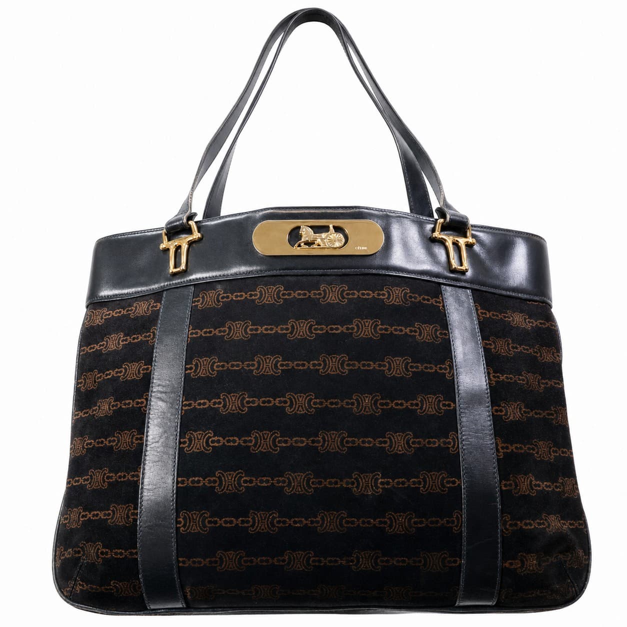 Céline Macadam Canvas Leather Shoulder Bag Handbag Purse Black Brown Tote