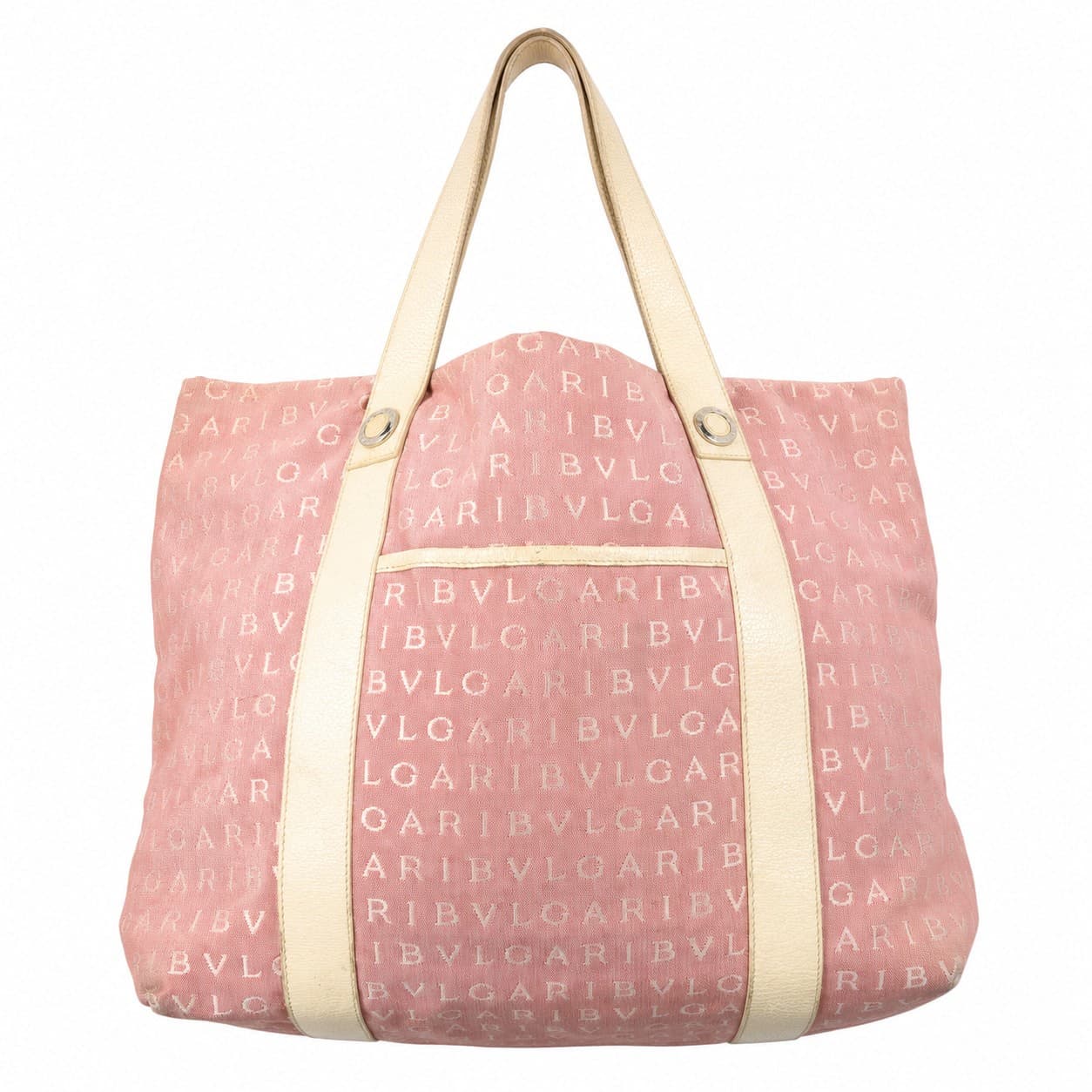 Bvlgari Logomania Canvas Leather Tote Bag Shoulder Bag Handbag Purse Pink