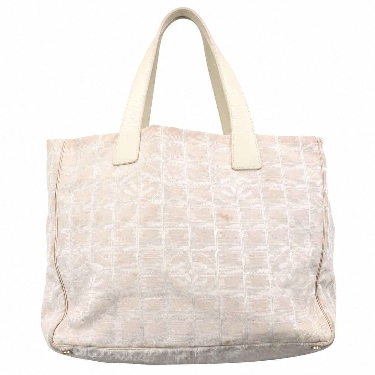 Chanel New Travel Line Jacquard Canvas Tote Handbag Purse Bag Beige
