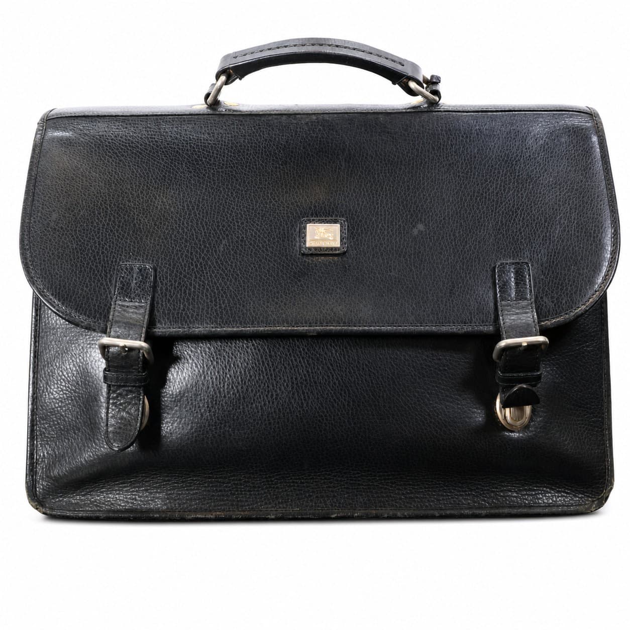 Burberry Black Pebbled Leather Briefcase Satchel Bag Top Handle Nova Check
