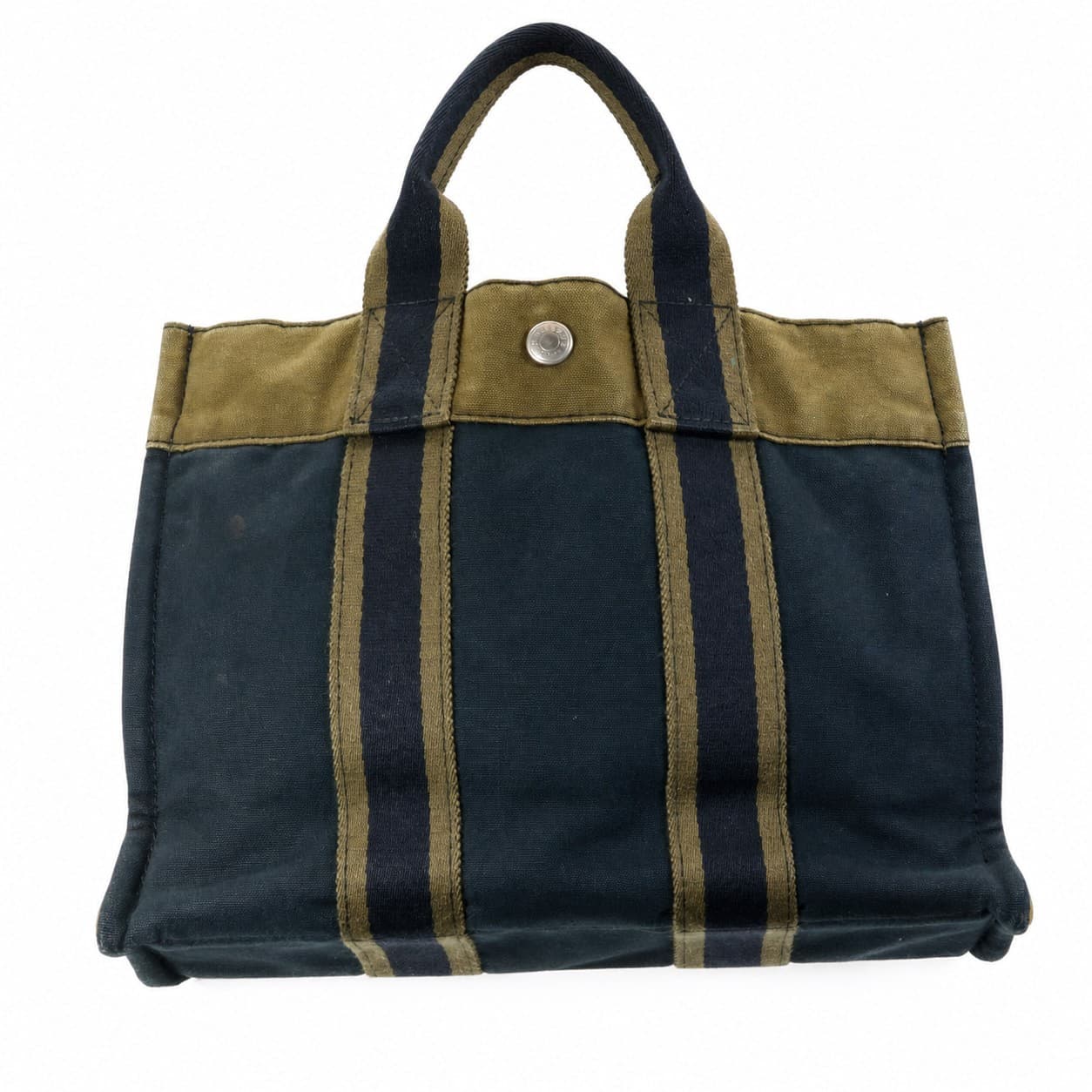 Hermès Fourre Tout PM Canvas Tote Handbag Purse Bag Navy Olive Green Striped