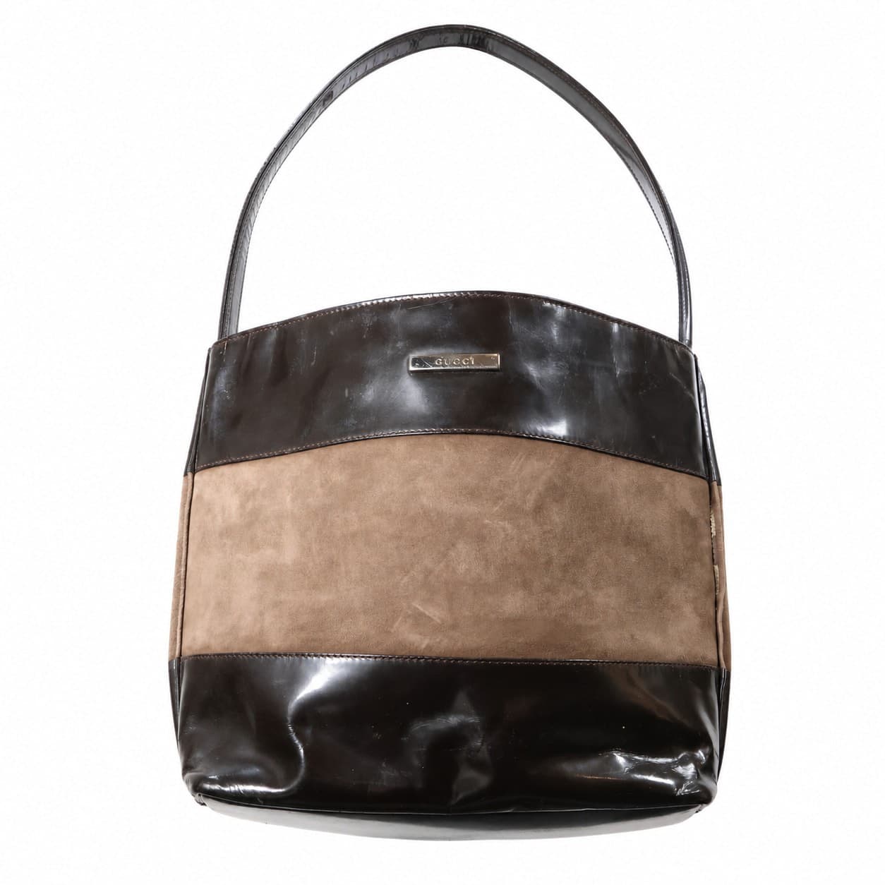 Gucci Patent Leather Suede Shoulder Bag Handbag Purse Brown Black