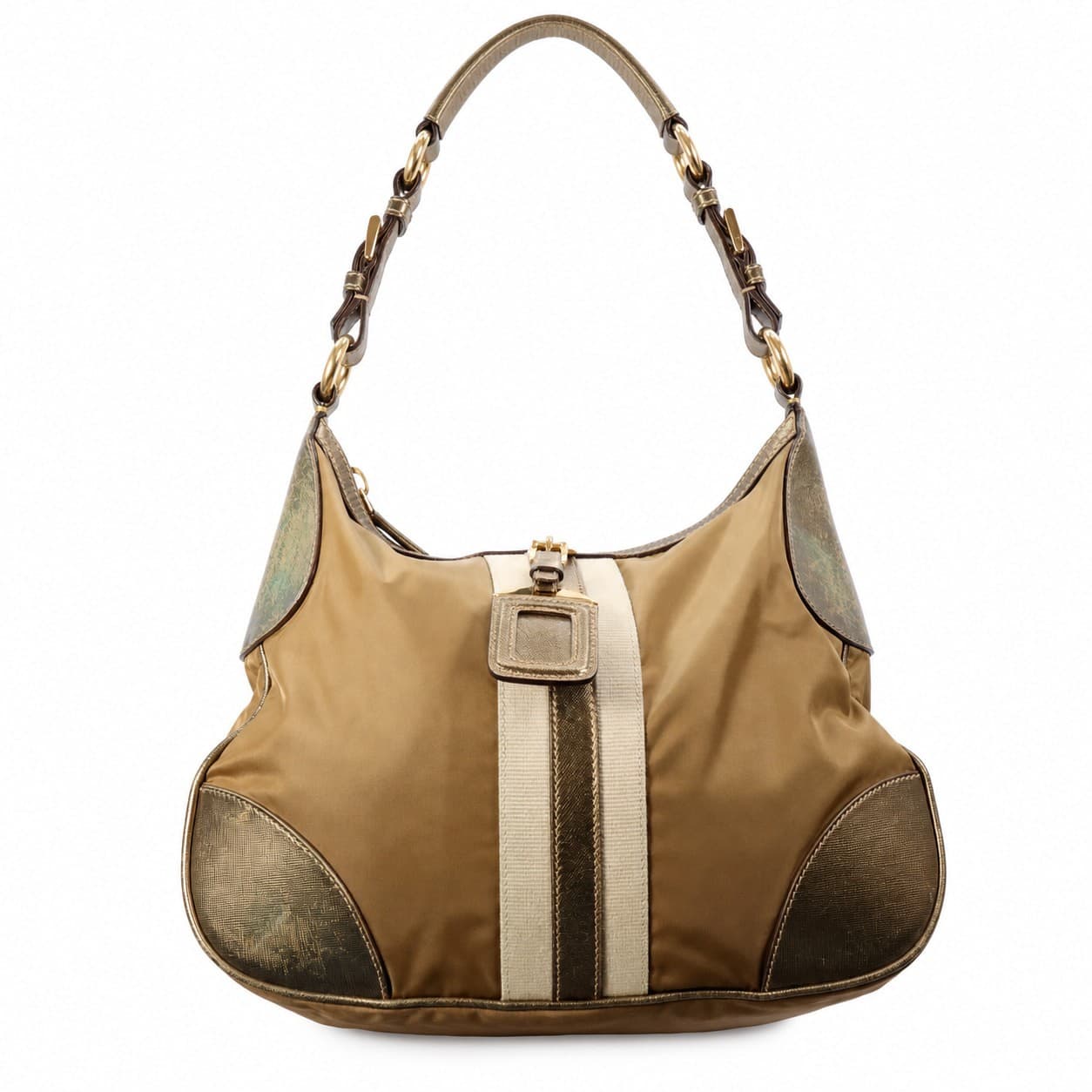 Prada Tessuto Nylon Saffiano Leather Hobo Shoulder Bag Handbag Purse Tan Gold