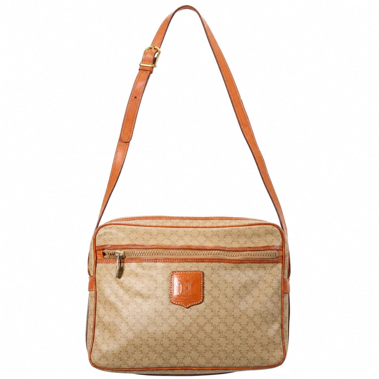 Céline Macadam Monogram Canvas Crossbody Shoulder Bag Handbag Purse Beige Tan Leather