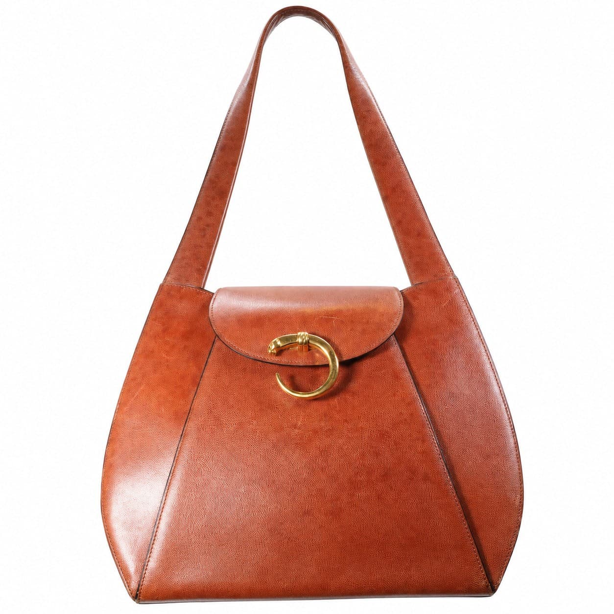 Cartier Cognac Tan Leather Shoulder Bag Handbag Purse Gold C Clasp