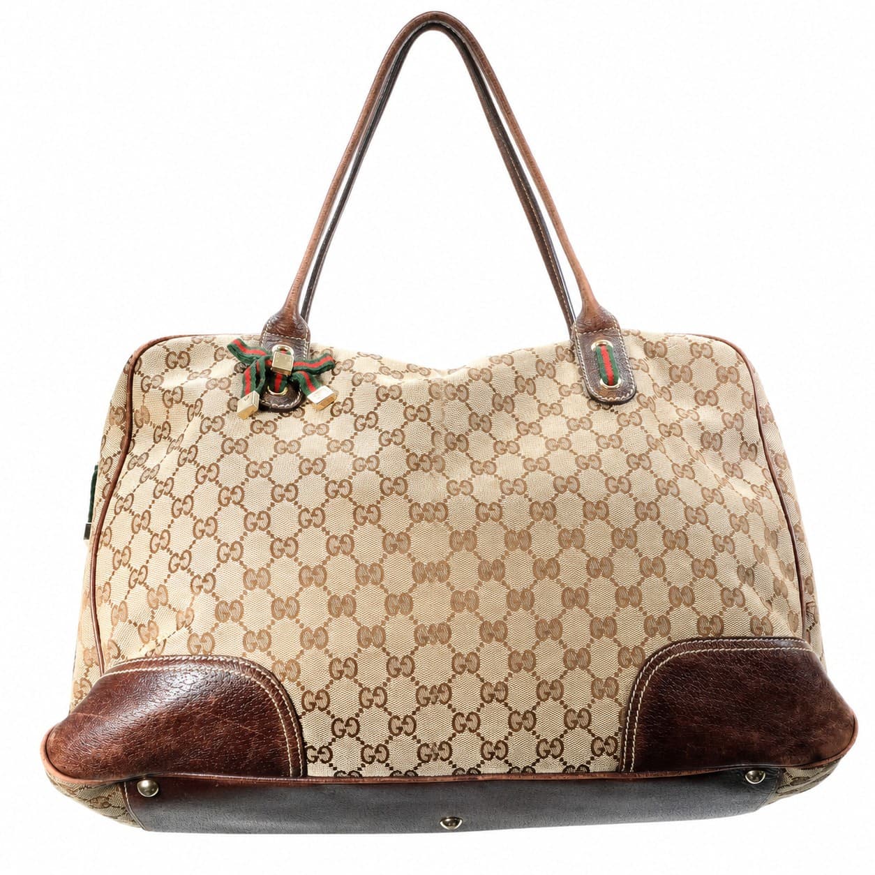 Gucci GG Canvas Dome Satchel Shoulder Bag Handbag Brown Leather Trim Web