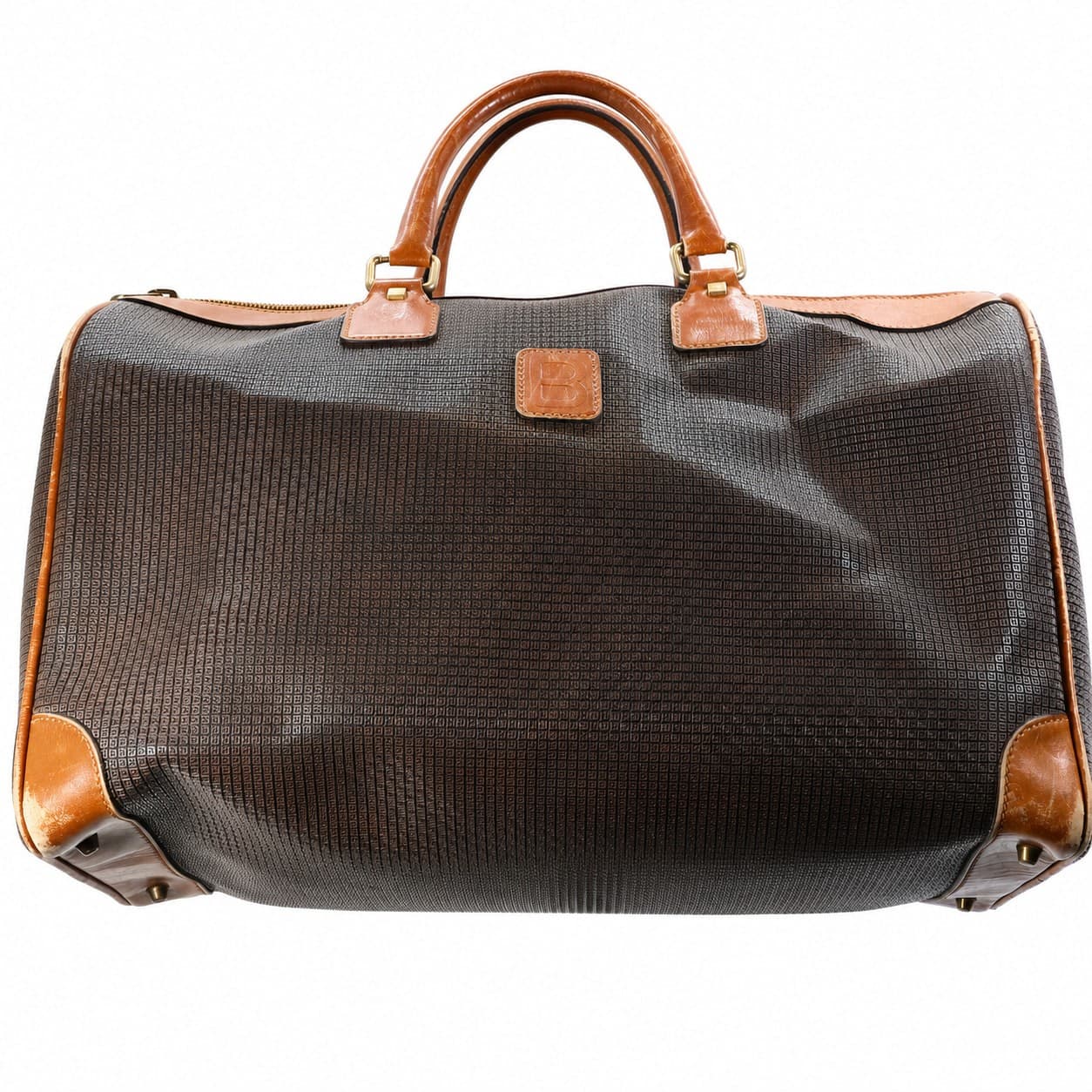 Bally Monogram Wheeled Duffel Travel Bag Brown Leather Trim Rolling Luggage