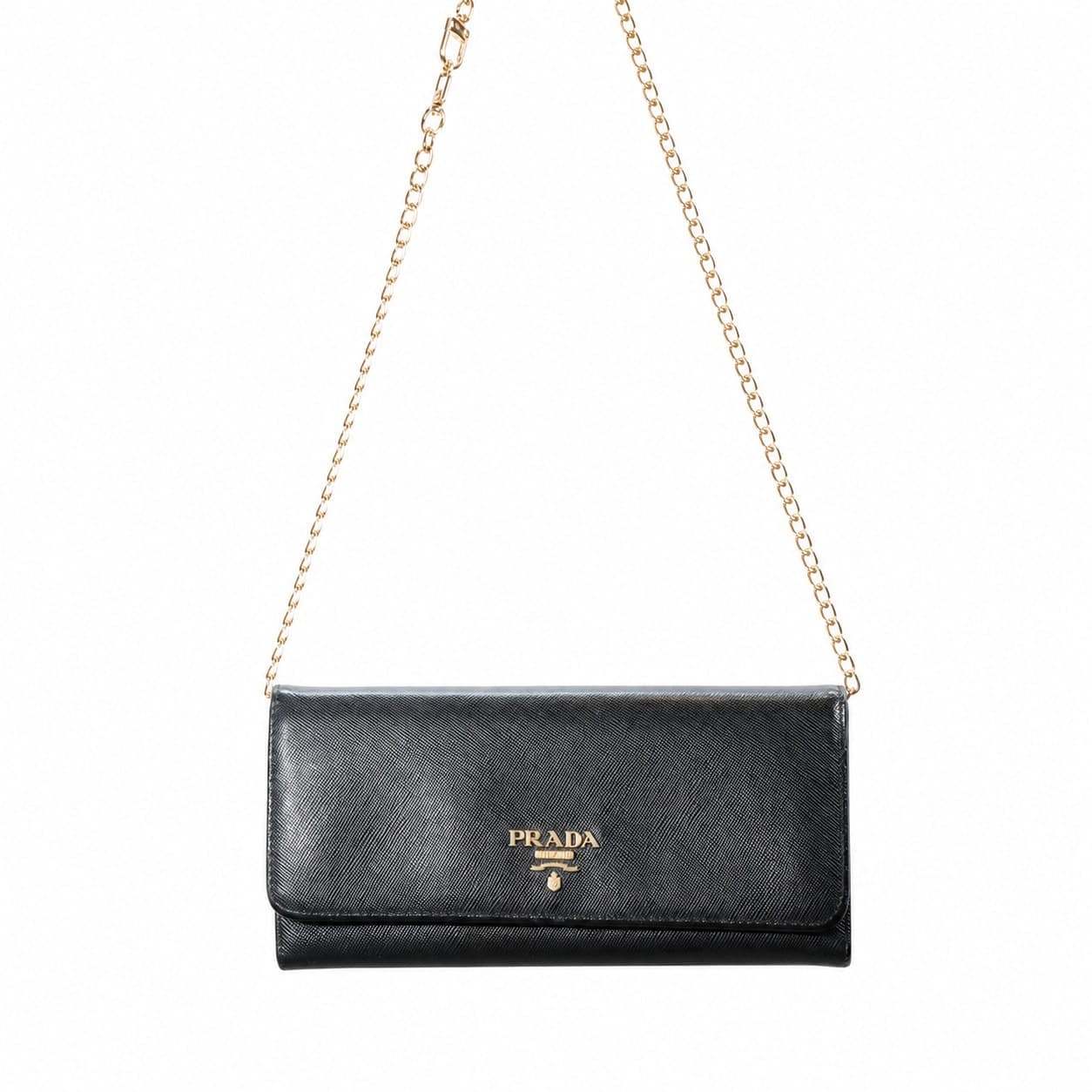 Prada Saffiano Leather Wallet On Chain Crossbody Bag Purse Black Gold