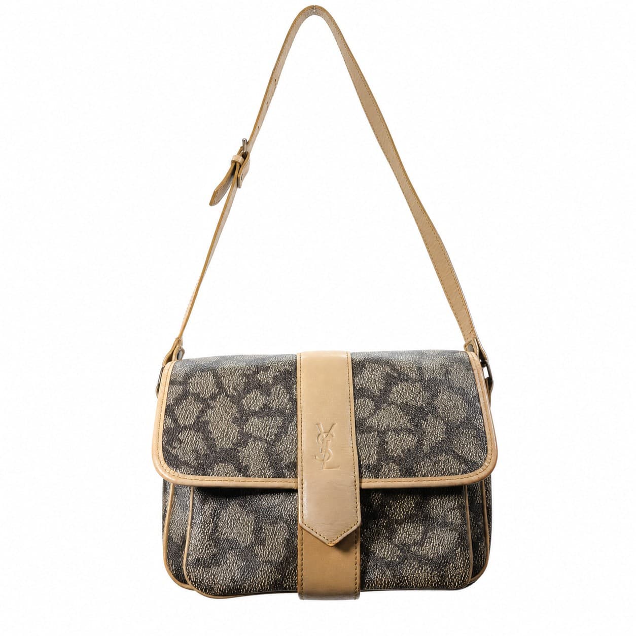 Yves Saint Laurent Vintage Leather Trim Shoulder Bag Crossbody Handbag Purse Beige