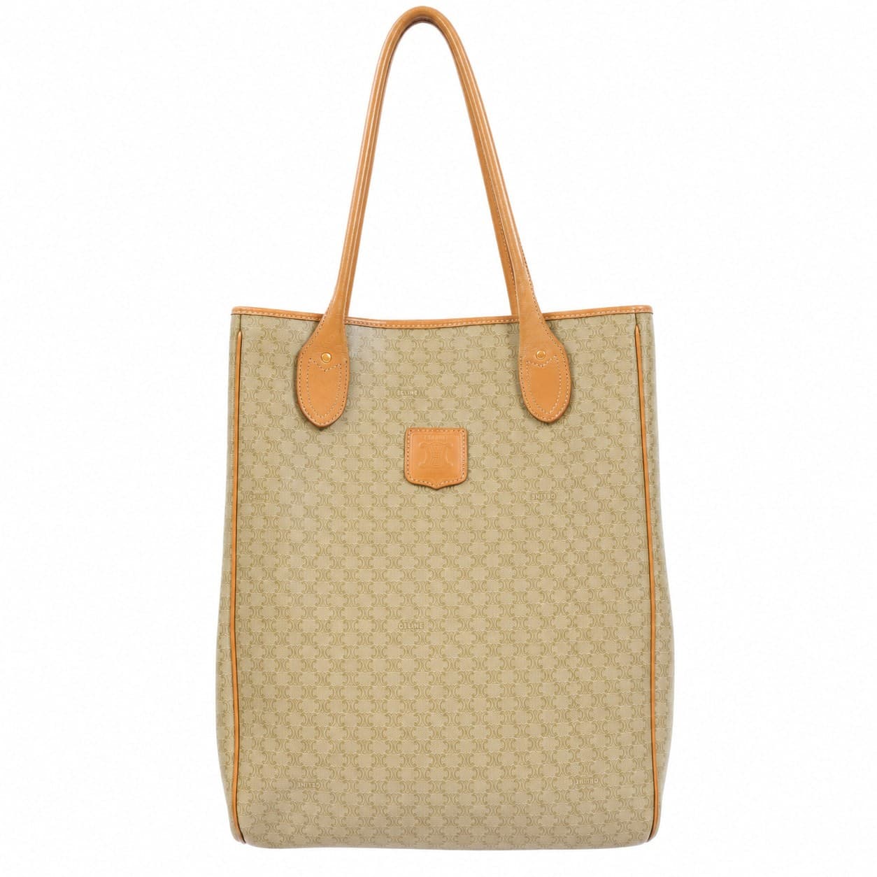 Céline Macadam Canvas Leather Tote Bag Handbag Purse Shoulder Bag Beige Tan