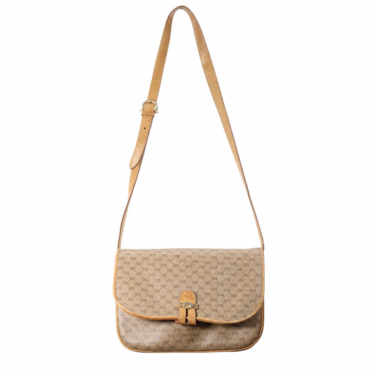 Gucci GG Monogram Canvas Leather Crossbody Shoulder Bag Handbag Purse Beige Tan