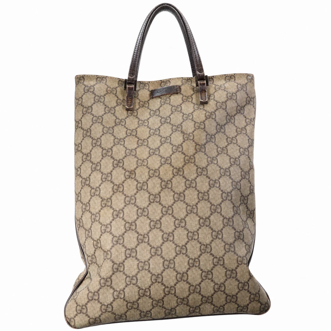 Gucci GG Monogram Canvas Beige Brown Leather Tote Bag Handbag Purse Shoulder
