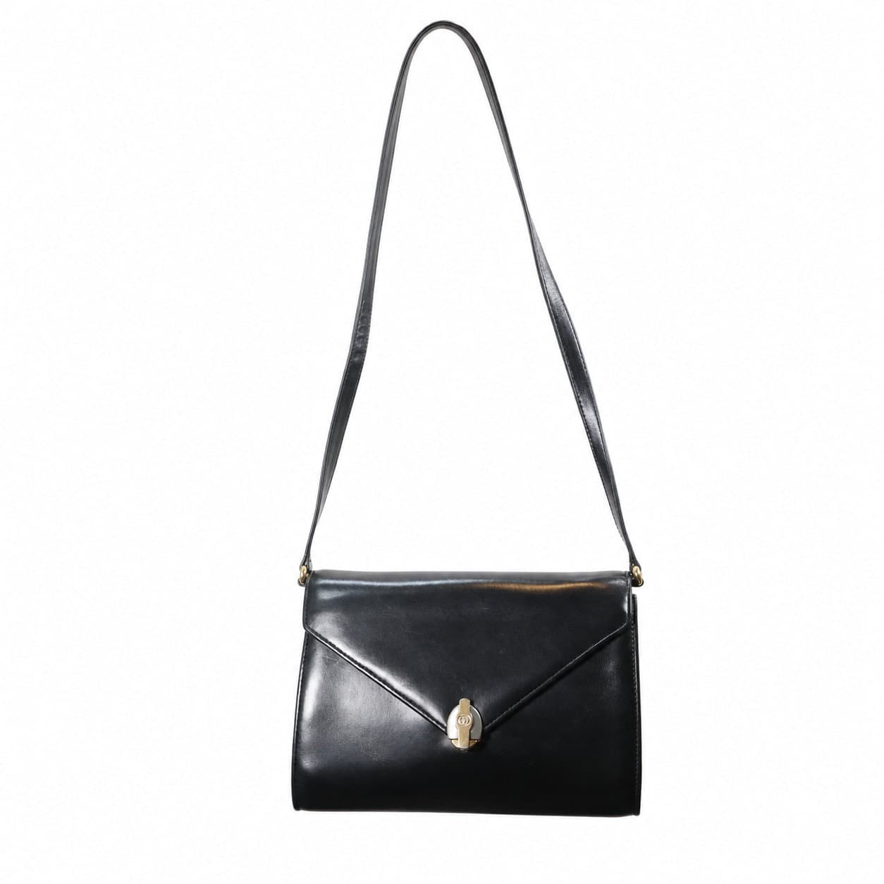 Gucci Black Leather Envelope Shoulder Bag Crossbody Purse GG Clasp Gold Hardware