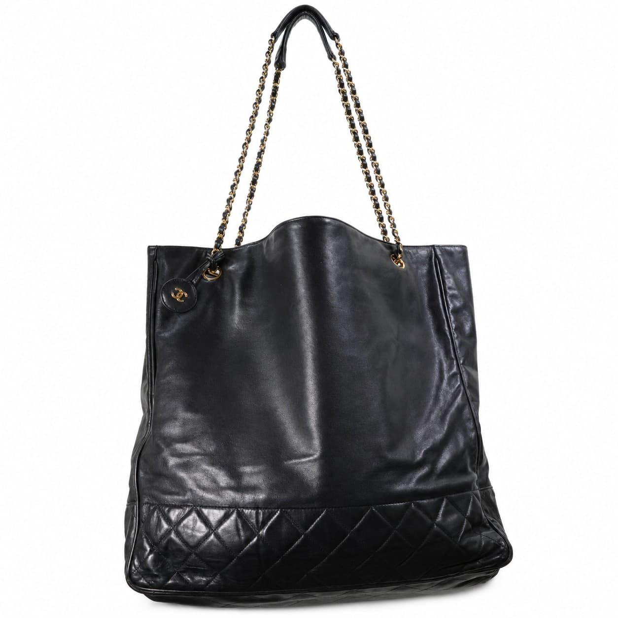 Chanel Black Leather Tote Handbag Purse Bag Shoulder Chain Strap Quilted handbags auction at Alighieri's