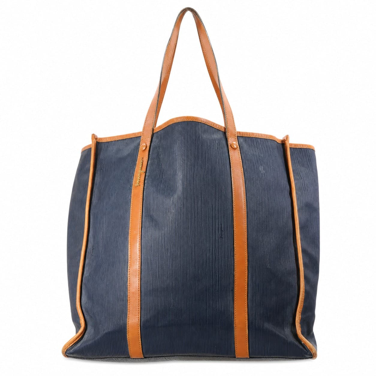 Salvatore Ferragamo Navy Ribbed Fabric Leather Trim Tote Bag Handbag Purse