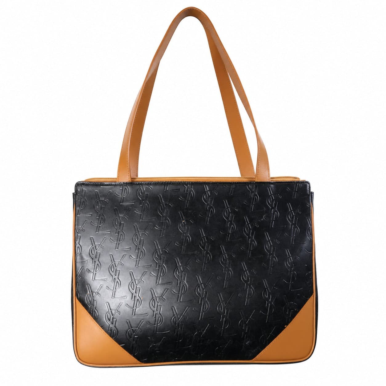 Yves Saint Laurent Embossed Logo Leather Tote Handbag Purse Bag Black Tan
