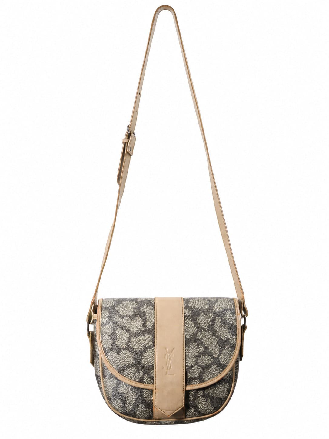Yves Saint Laurent Monogram Canvas Leather Crossbody Shoulder Bag Beige Brown