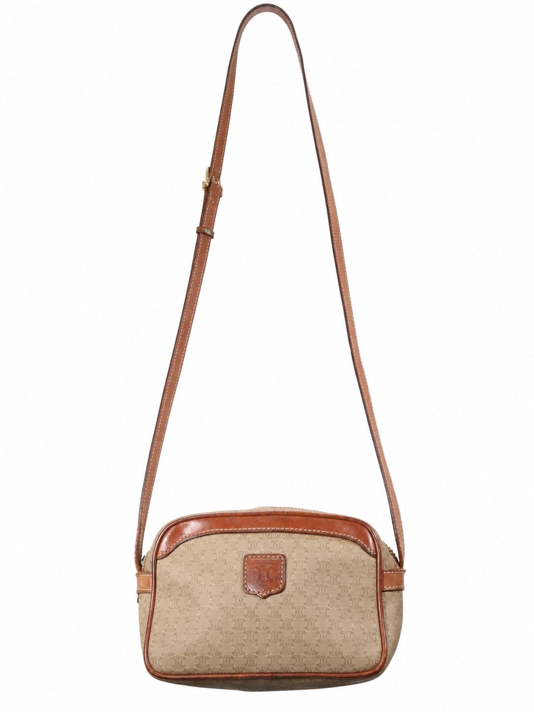 Céline Macadam Canvas Leather Crossbody Shoulder Bag Camera Bag Beige Brown
