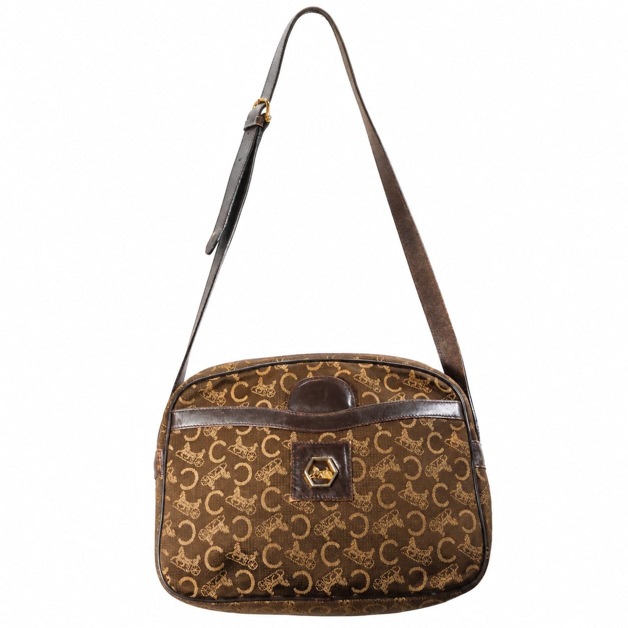 Céline Macadam Monogram Canvas Leather Crossbody Shoulder Bag Handbag Purse Brown