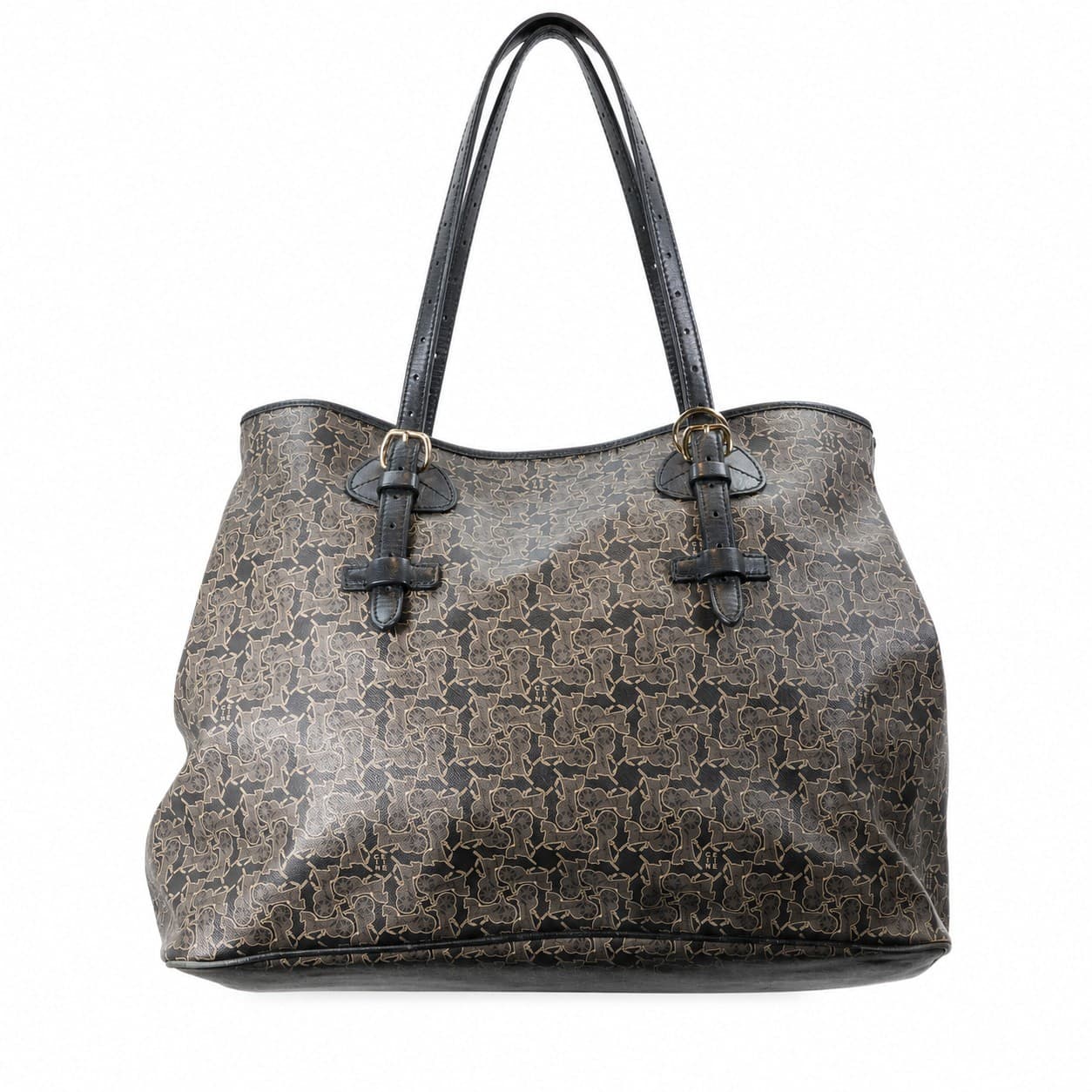Céline Macadam Coated Canvas Black Beige Leather Shoulder Tote Handbag Purse Bag