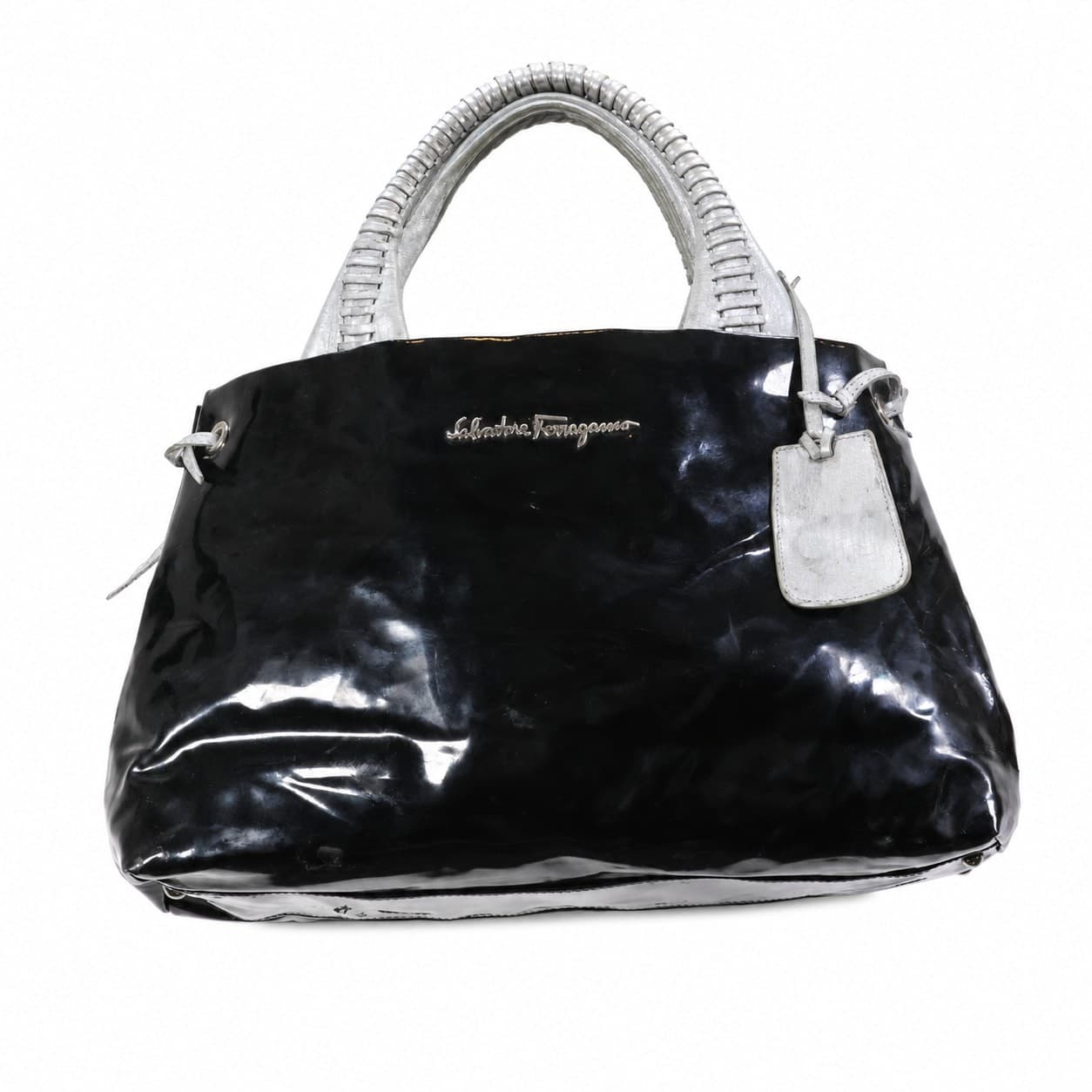Salvatore Ferragamo Wanda Black Patent Leather Handbag Purse Bag Silver Top Handle