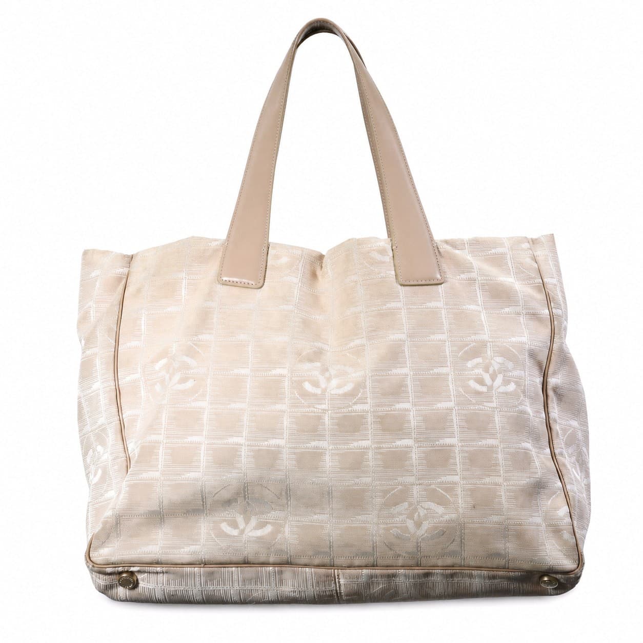 Chanel Travel Line Jacquard CC Logo Tote Handbag Purse Bag Beige Leather