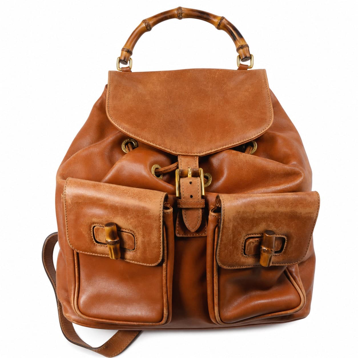 Gucci Bamboo Leather Backpack Bag Purse Brown Tan Gold Hardware