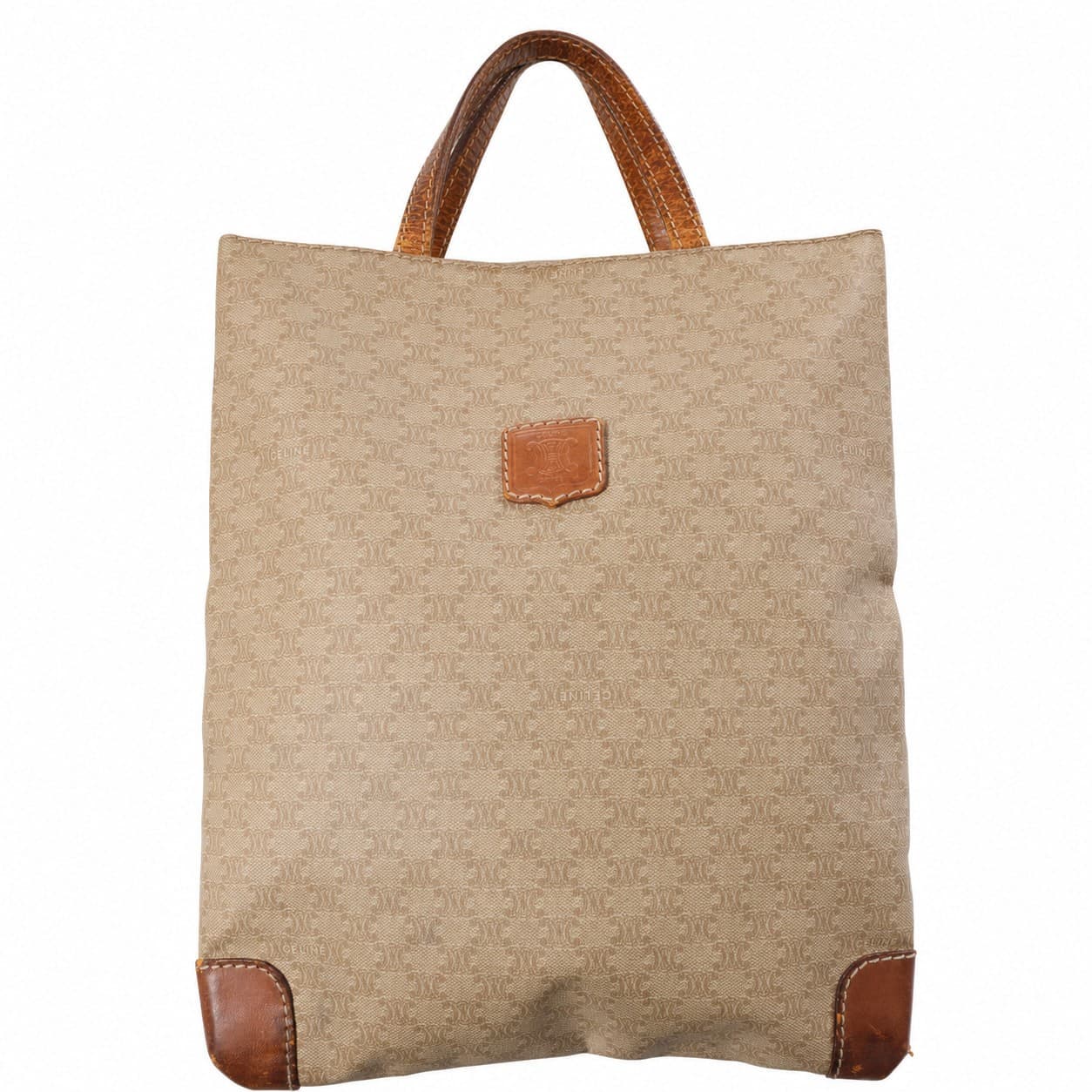 Céline Macadam Canvas Leather Tote Bag Handbag Purse Beige Brown