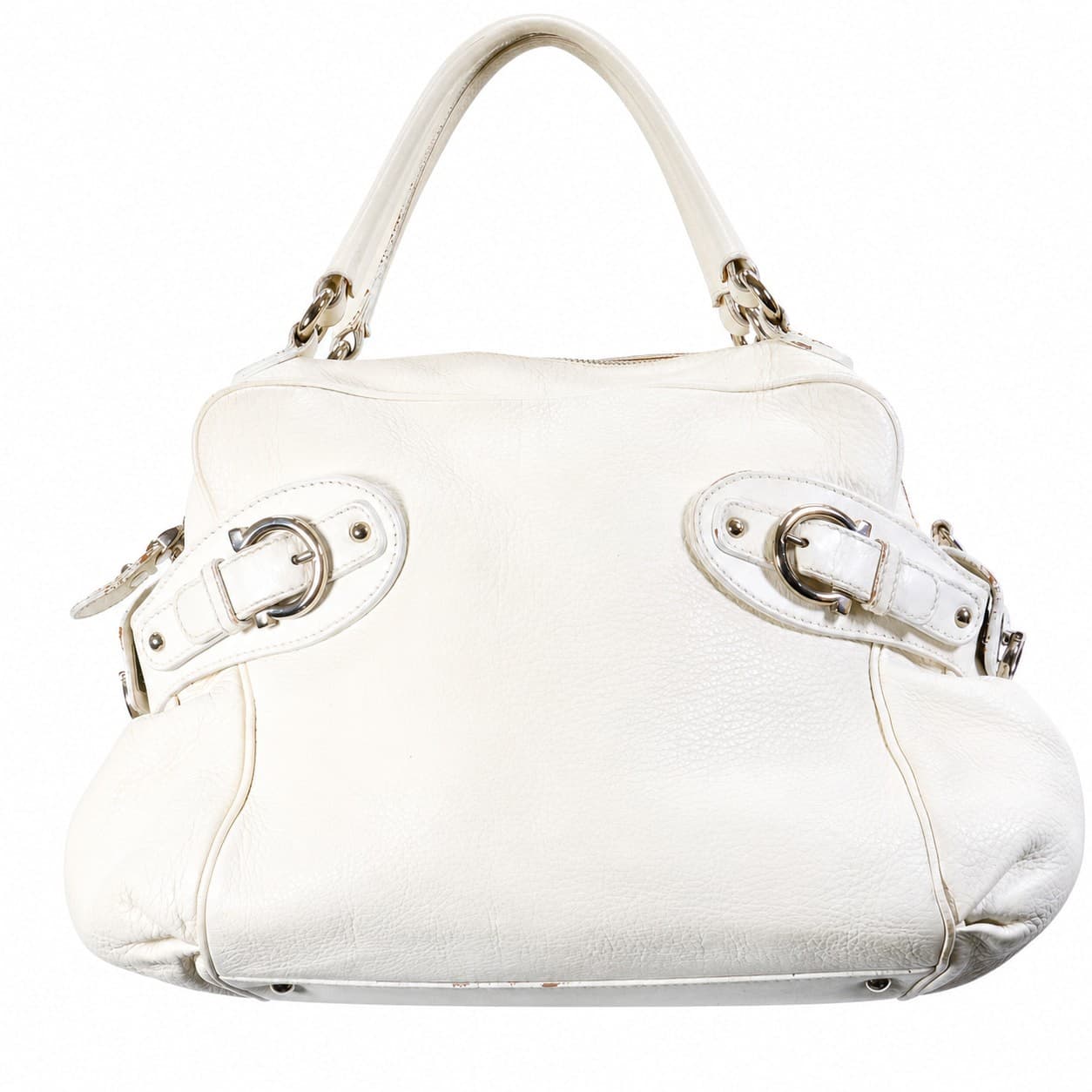 Salvatore Ferragamo White Leather Satchel Bag Handbag Purse Top Handle Shoulder