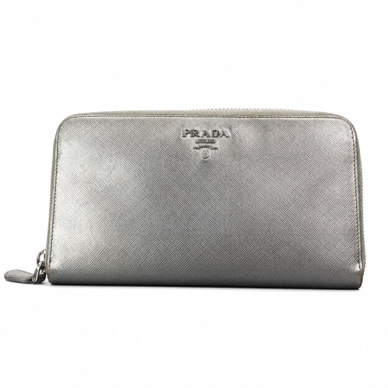 Prada Saffiano Metal Silver Leather Zip Around Wallet
