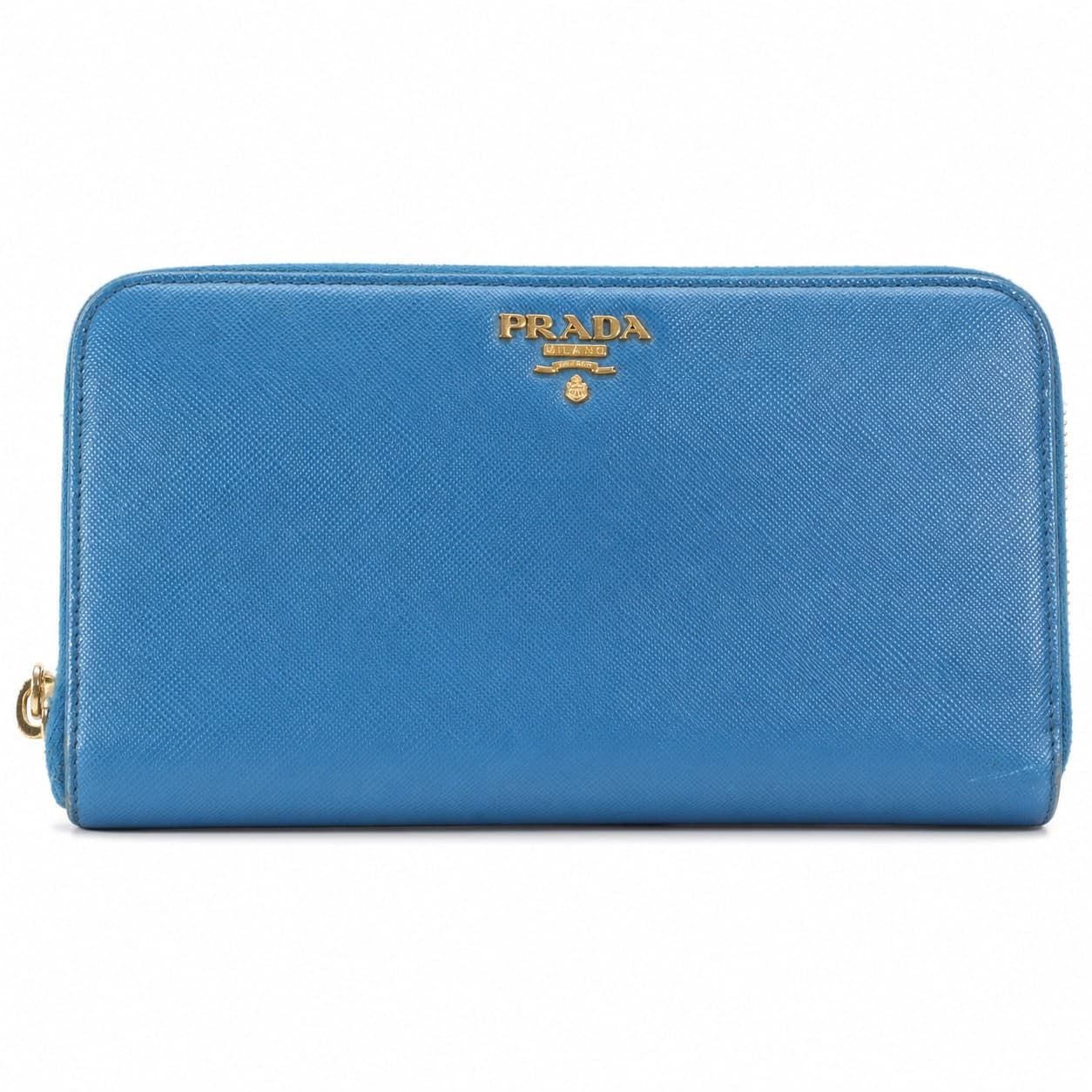 Prada Saffiano Metal Leather Zip Around Wallet Cobalto Blue Gold Hardware 1M0506