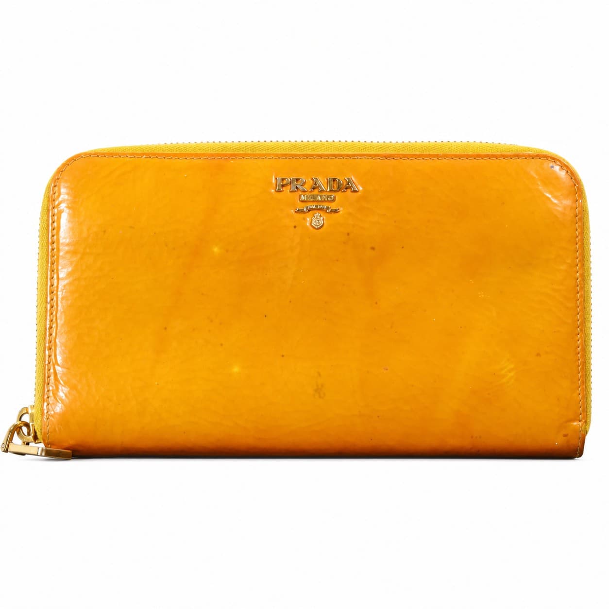 Prada Saffiano Vernice Patent Leather Zip Around Wallet Orange Gold Hardware