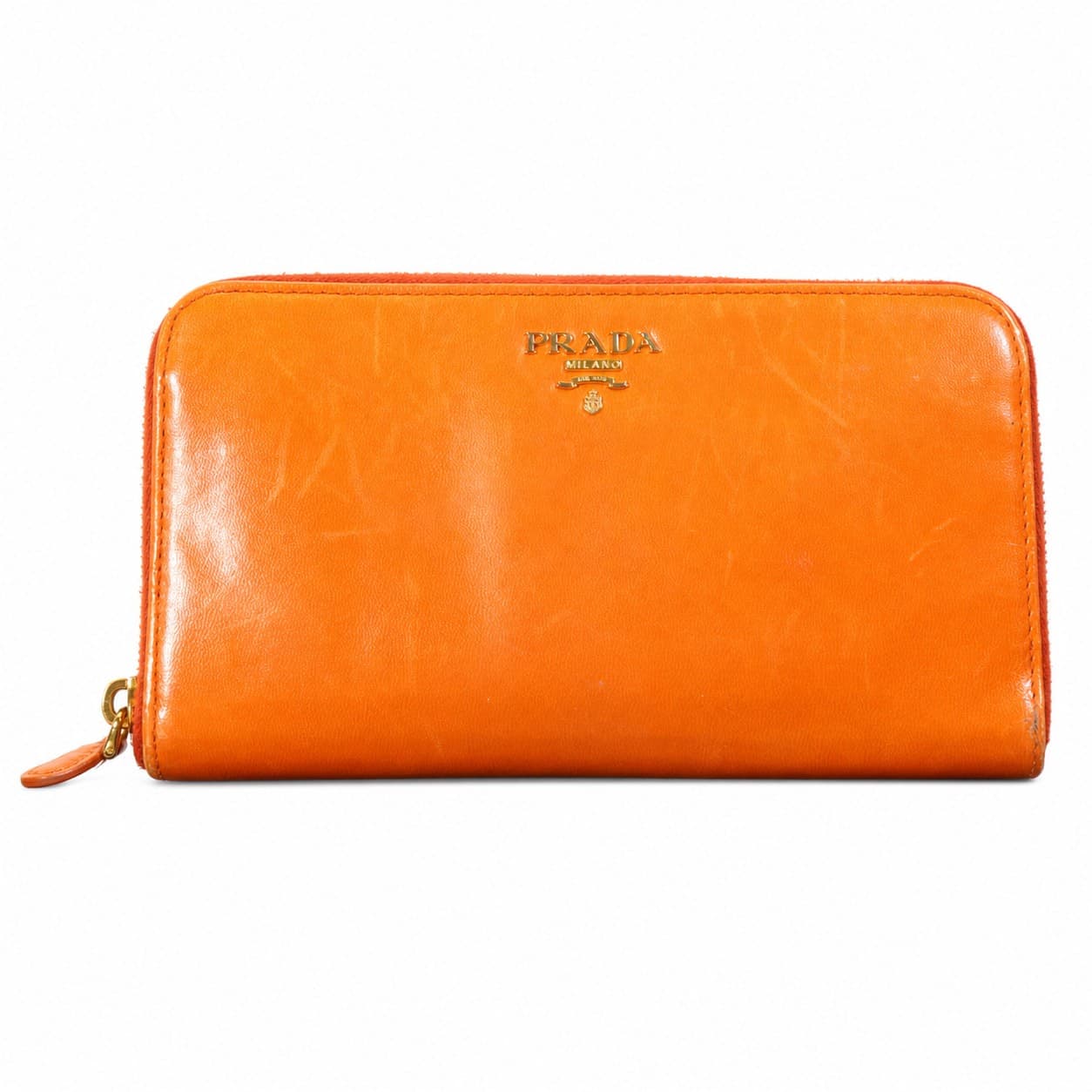 Prada Orange Patent Leather Zip Around Continental Wallet
