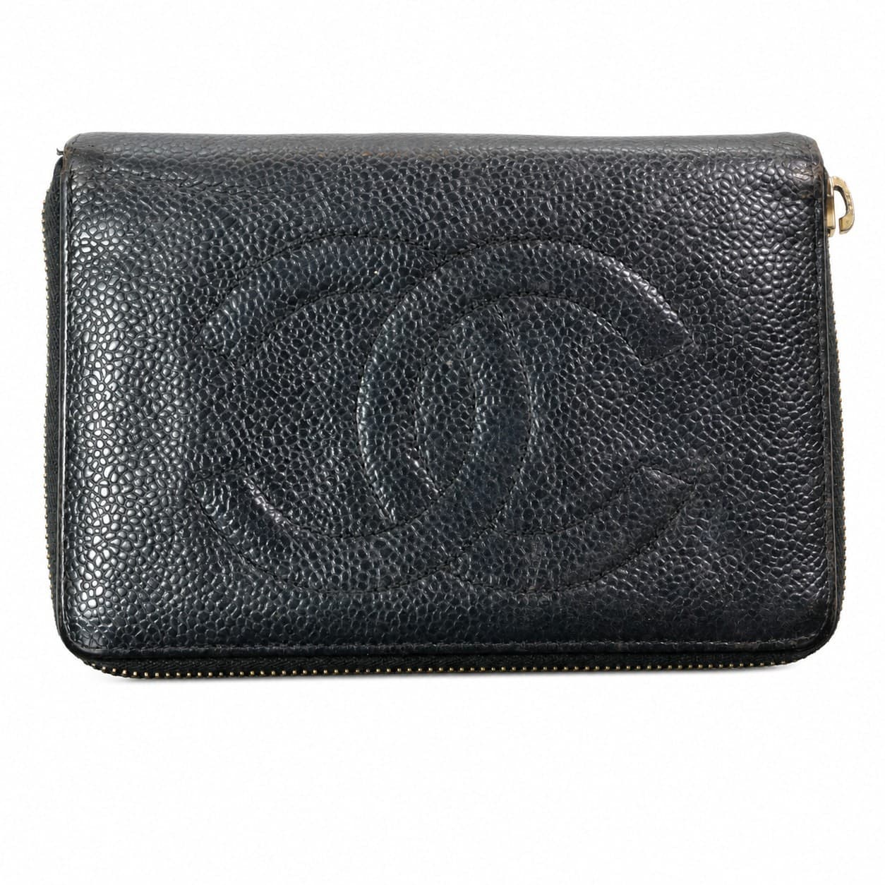 Chanel Black Caviar Leather CC Logo Zip Around Wallet Purse Gold Hardware