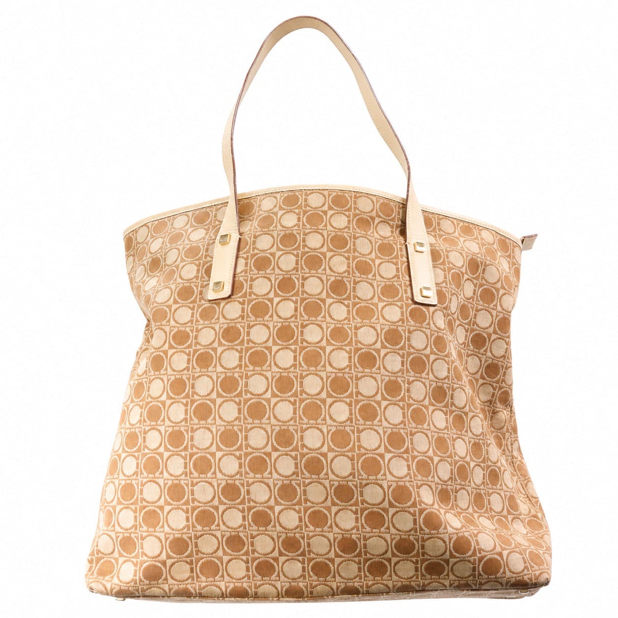 Salvatore Ferragamo Gancini Coated Canvas Tote Bag Handbag Purse Beige