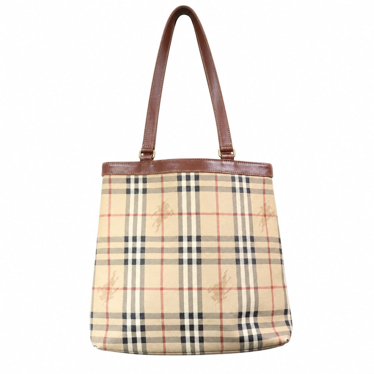 Burberry Haymarket Check Coated Canvas Leather Tote Shoulder Bag Handbag Purse