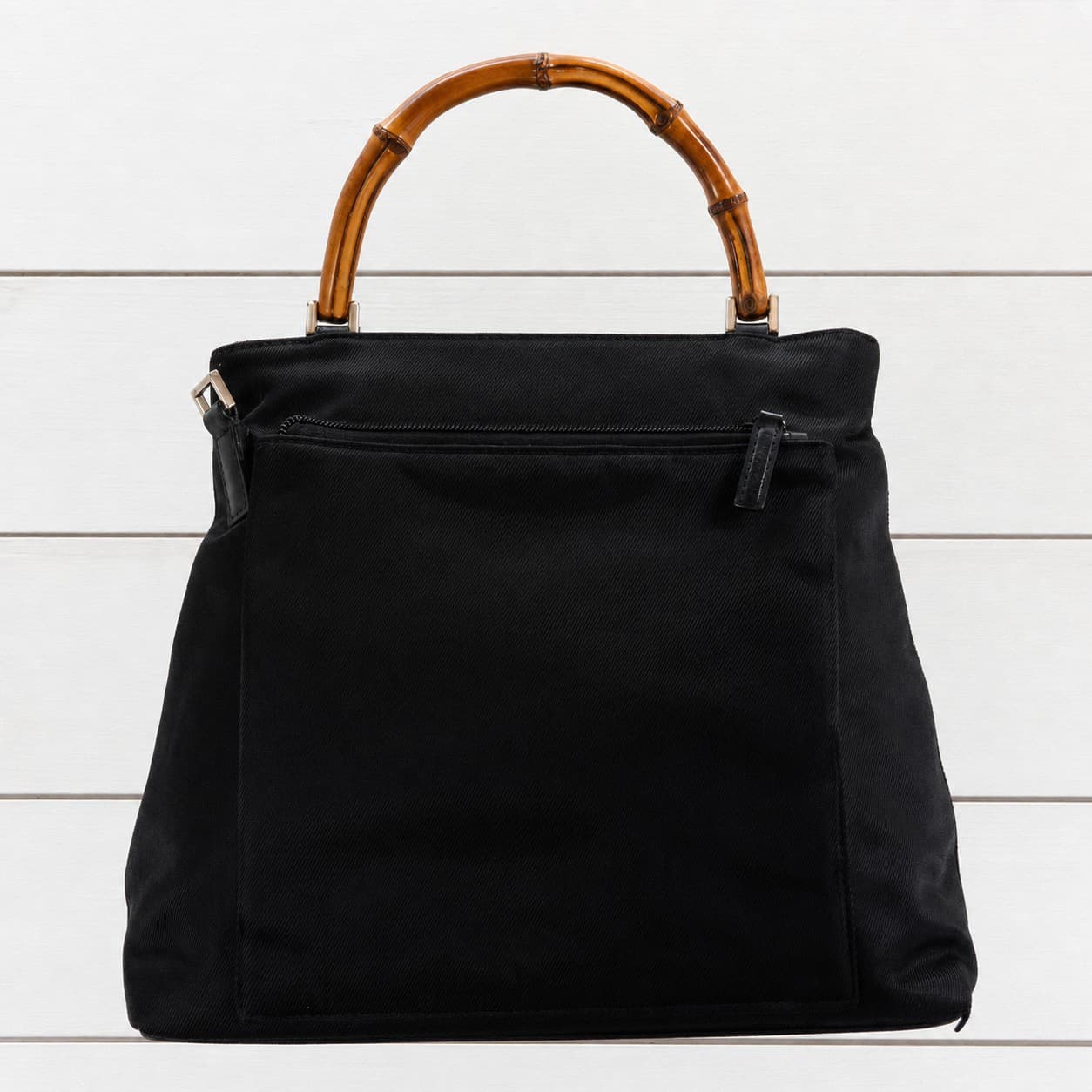 Gucci Bamboo Nylon Top Handle Handbag Purse Bag Tote Black Silver Hardware