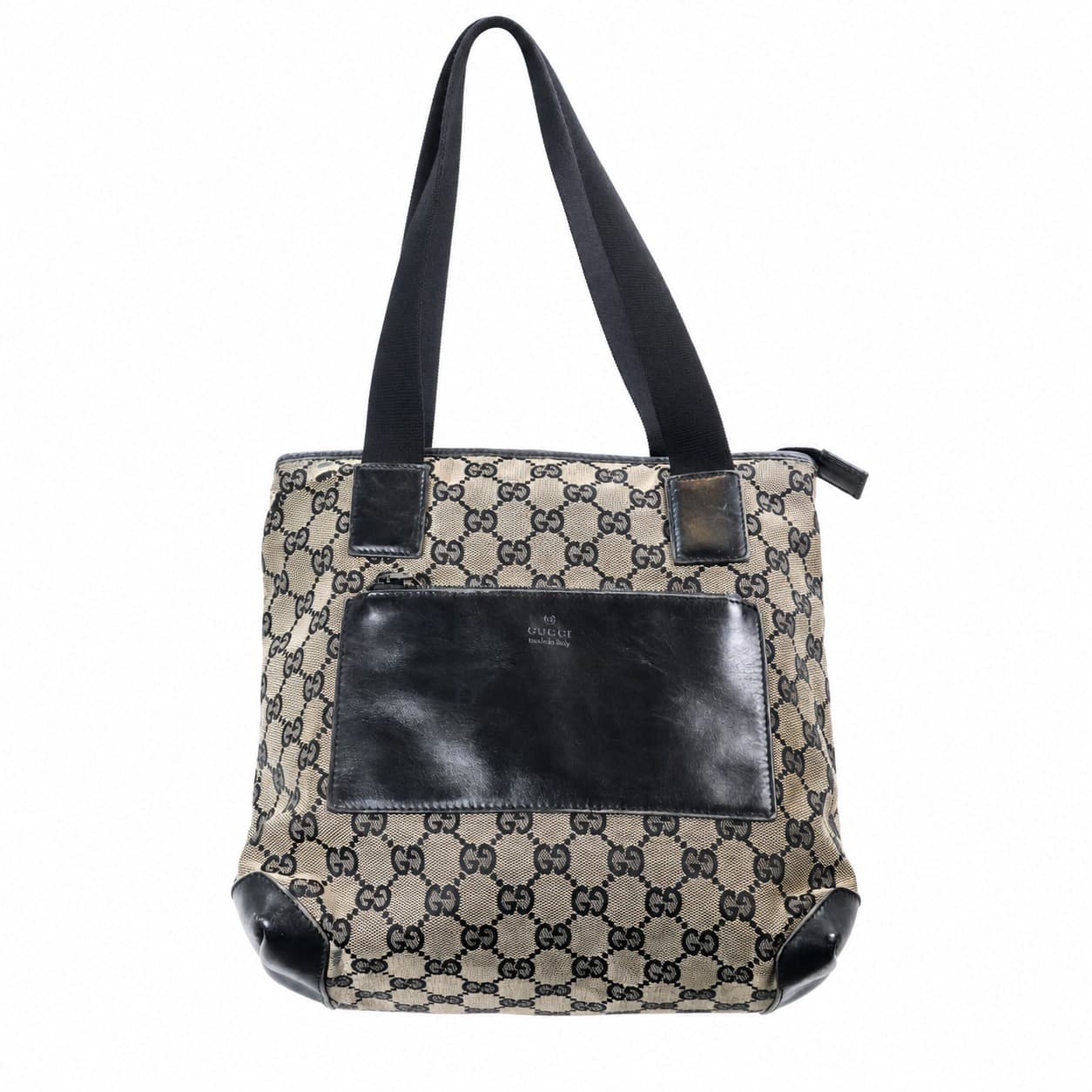 Gucci GG Canvas Leather Tote Shoulder Bag Handbag Purse Beige Black