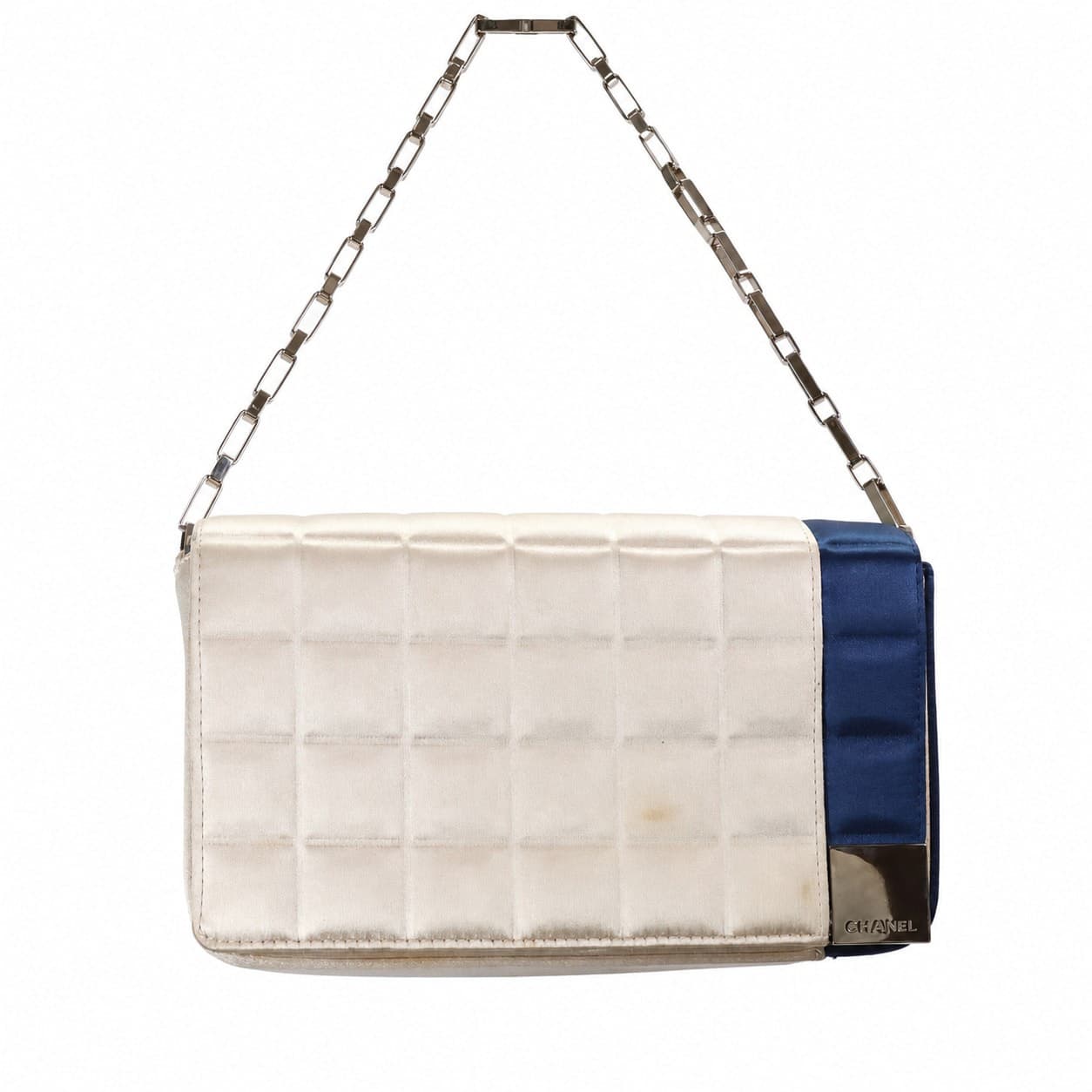 Chanel Chocolate Bar Quilted Satin Bicolor Shoulder Bag Handbag Purse Ivory Navy