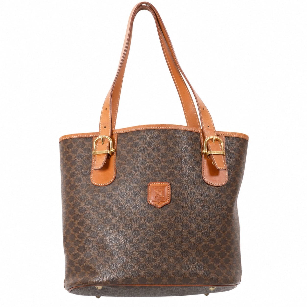 Céline Macadam Monogram Canvas Leather Tote Shoulder Bag Handbag Purse Brown