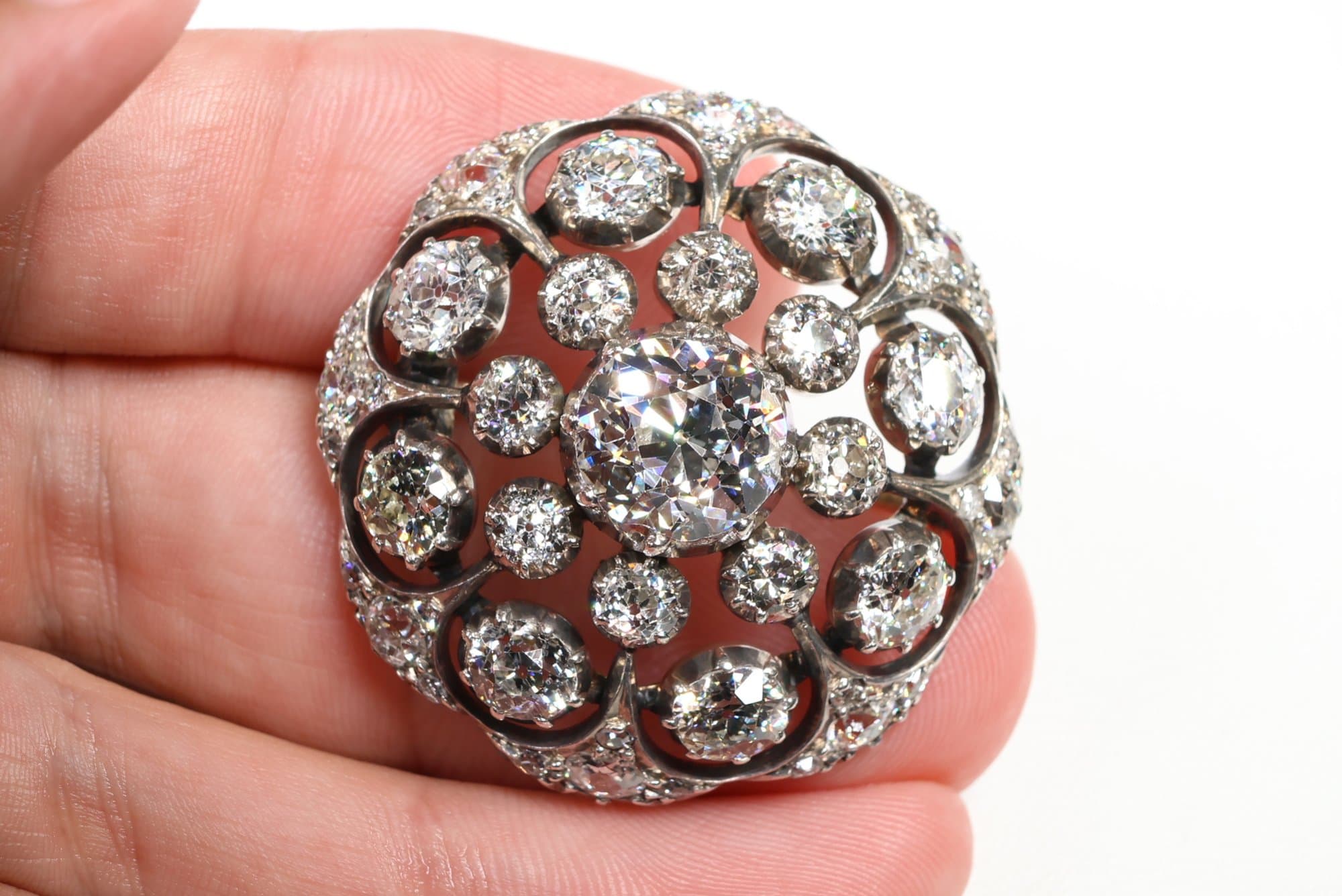 18k Gold & Platinum, Edwardian Old Mine Cut Diamond Brooch Pendant 5.58ctw, Gemstone Jewelry Diamonds
