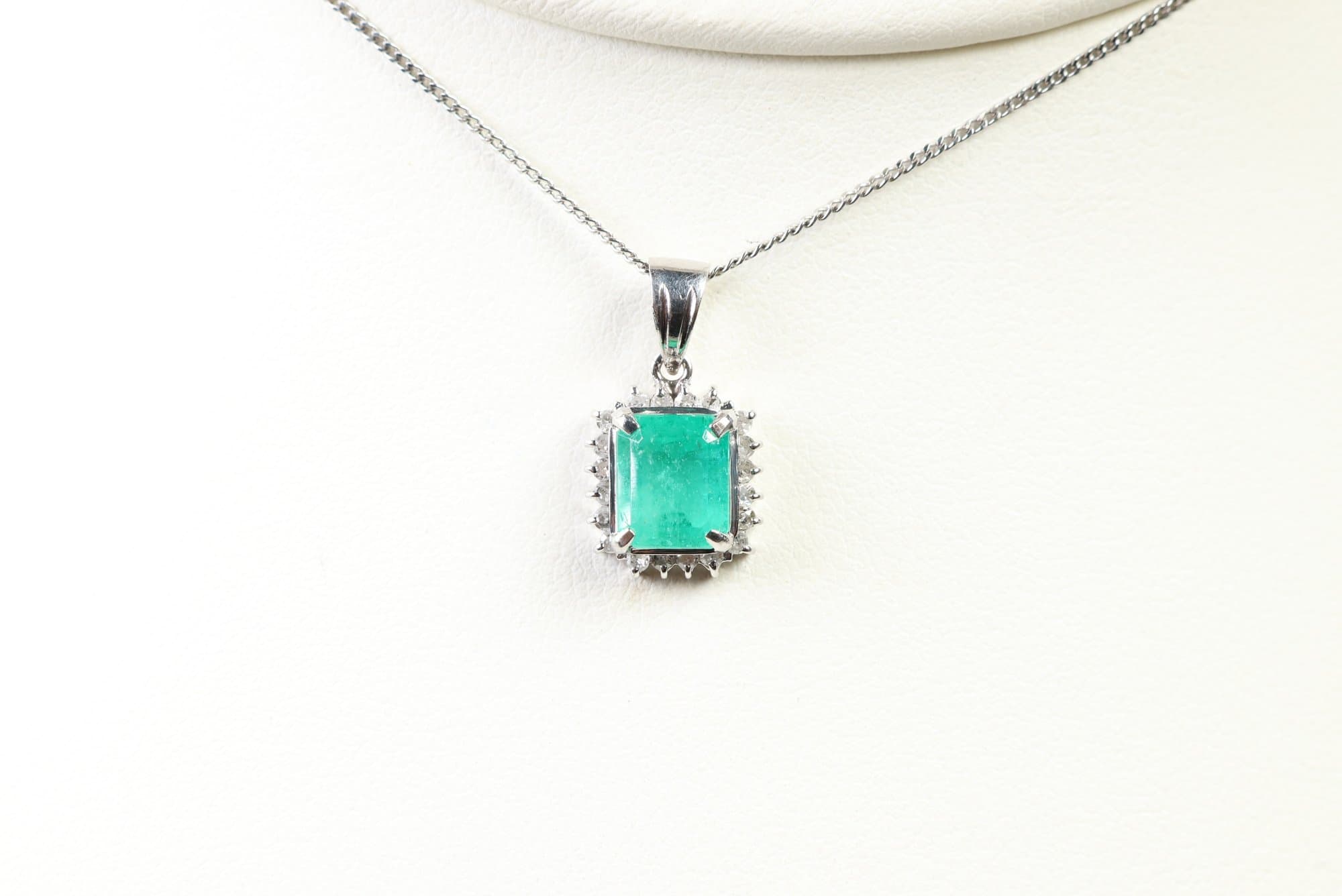 Platinum, Natural Colombian Emerald & Diamond Pendant Necklace 1.36ctw, Gemstone Jewelry Diamonds