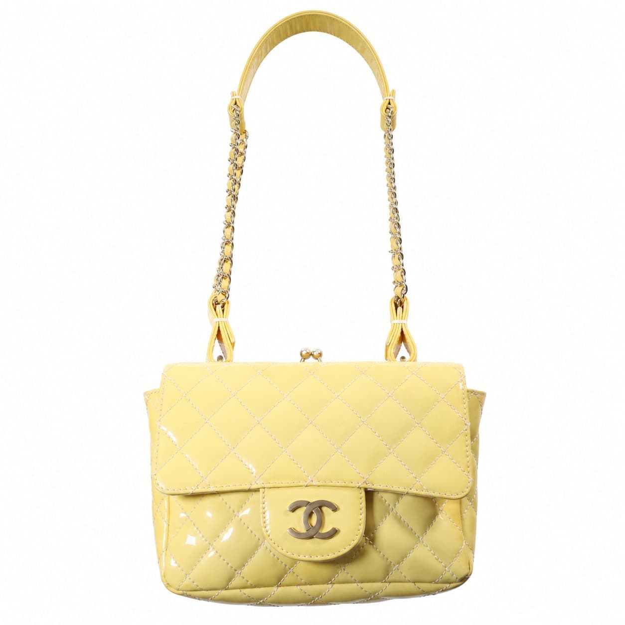 Chanel Yellow Patent Leather Lace Kiss-Lock Frame Shoulder Bag Handbag Purse