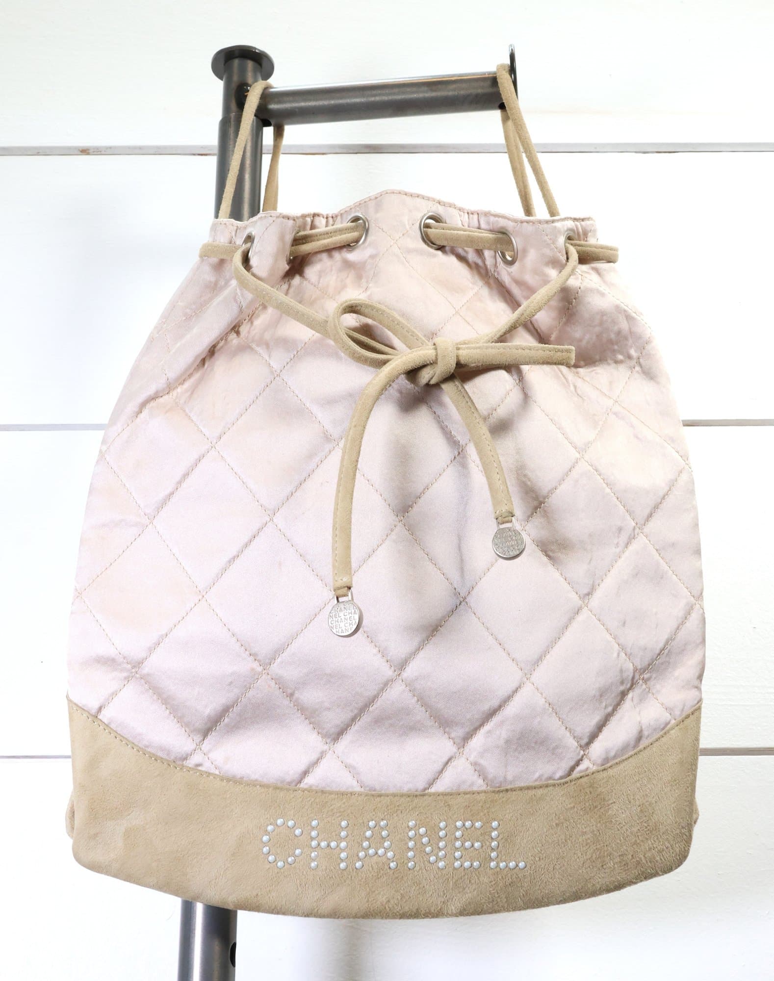 Chanel Pink Blush Quilted Silk Crystal Logo Drawstring Backpack Purse Handbag Bag