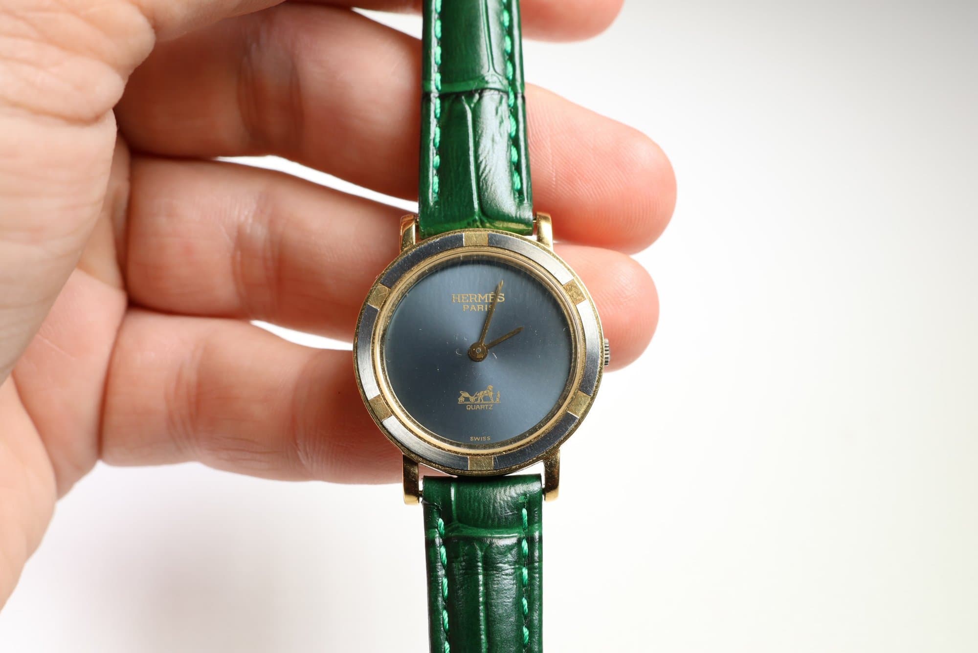 Hermes Paris Vintage Ladies Quartz Watch, Blue Dial, Gold-Plated Two-Tone Bezel, Swiss Made