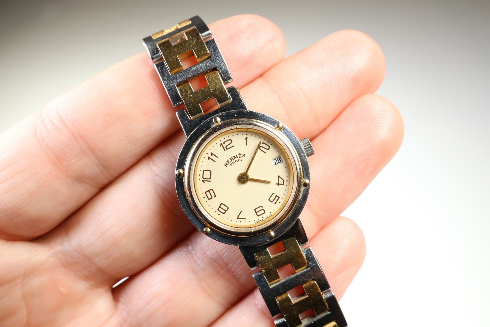 Hermes Clipper Ladies Two-Tone Quartz Watch, Cream Dial, Stainless Steel & Gold-Tone H-Link