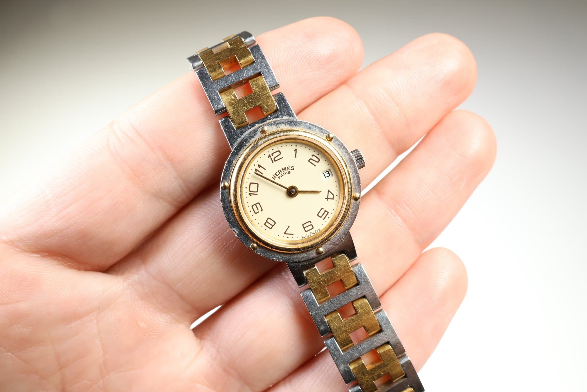 Hermes Clipper Ladies Quartz Watch Two-Tone Stainless Steel & Gold Cream Dial