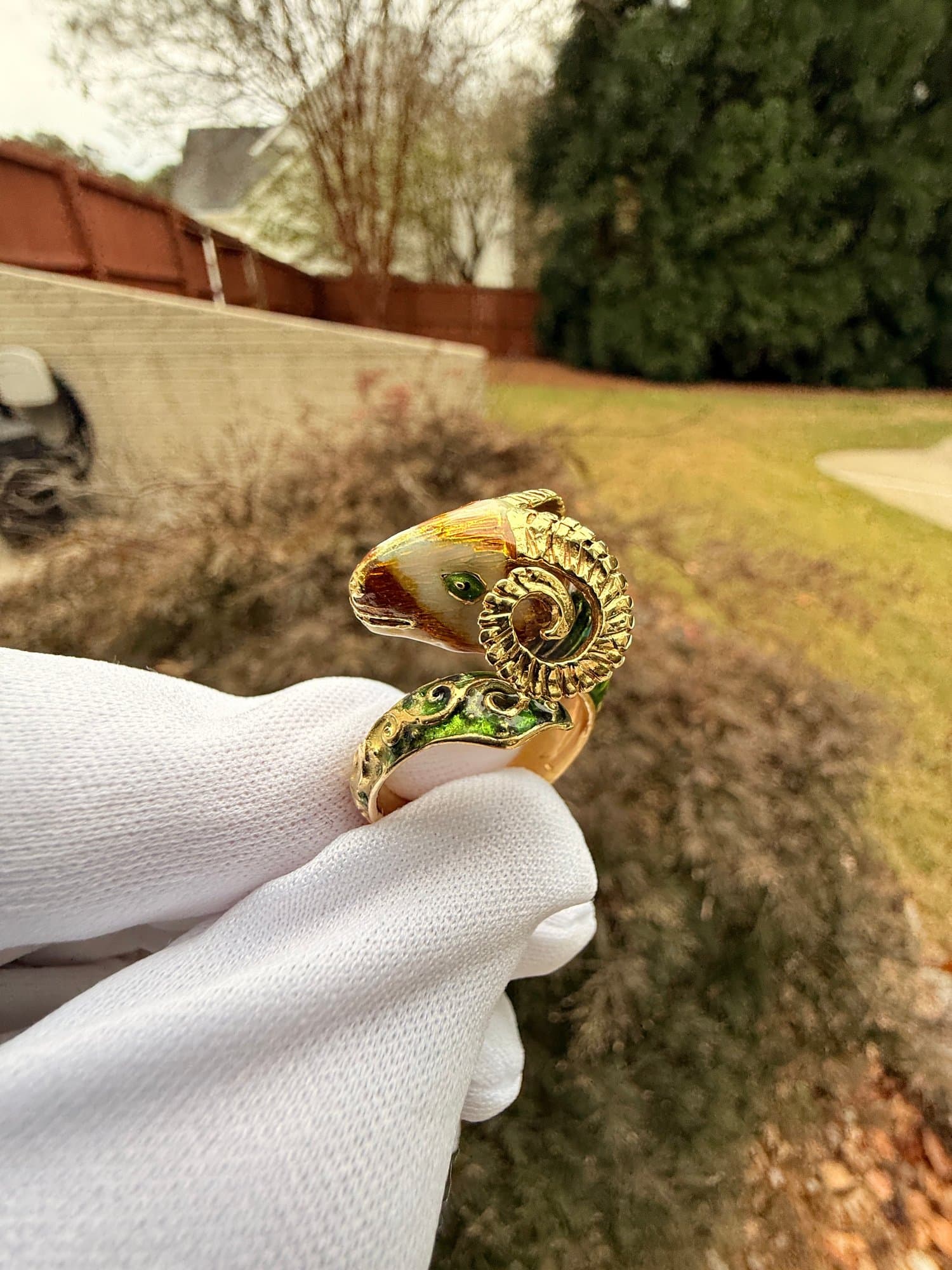 18k Yellow Gold, Rams Head Enamel Ring, 17.3 Grams Gemstone Jewelry