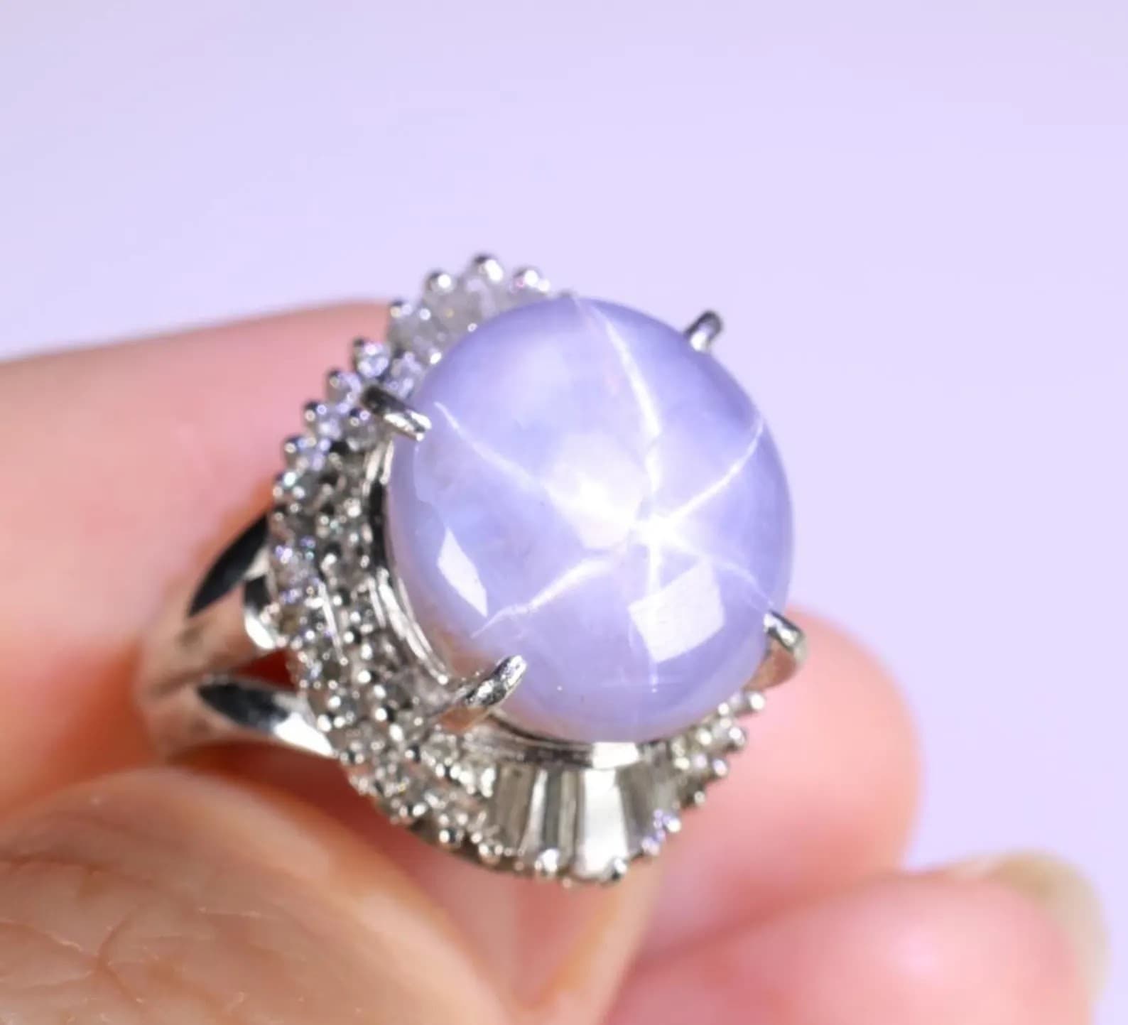 Natural Blue Star Sapphire 14.73ctw & Diamond 0.61ctw Platinum Ring, Size 7
